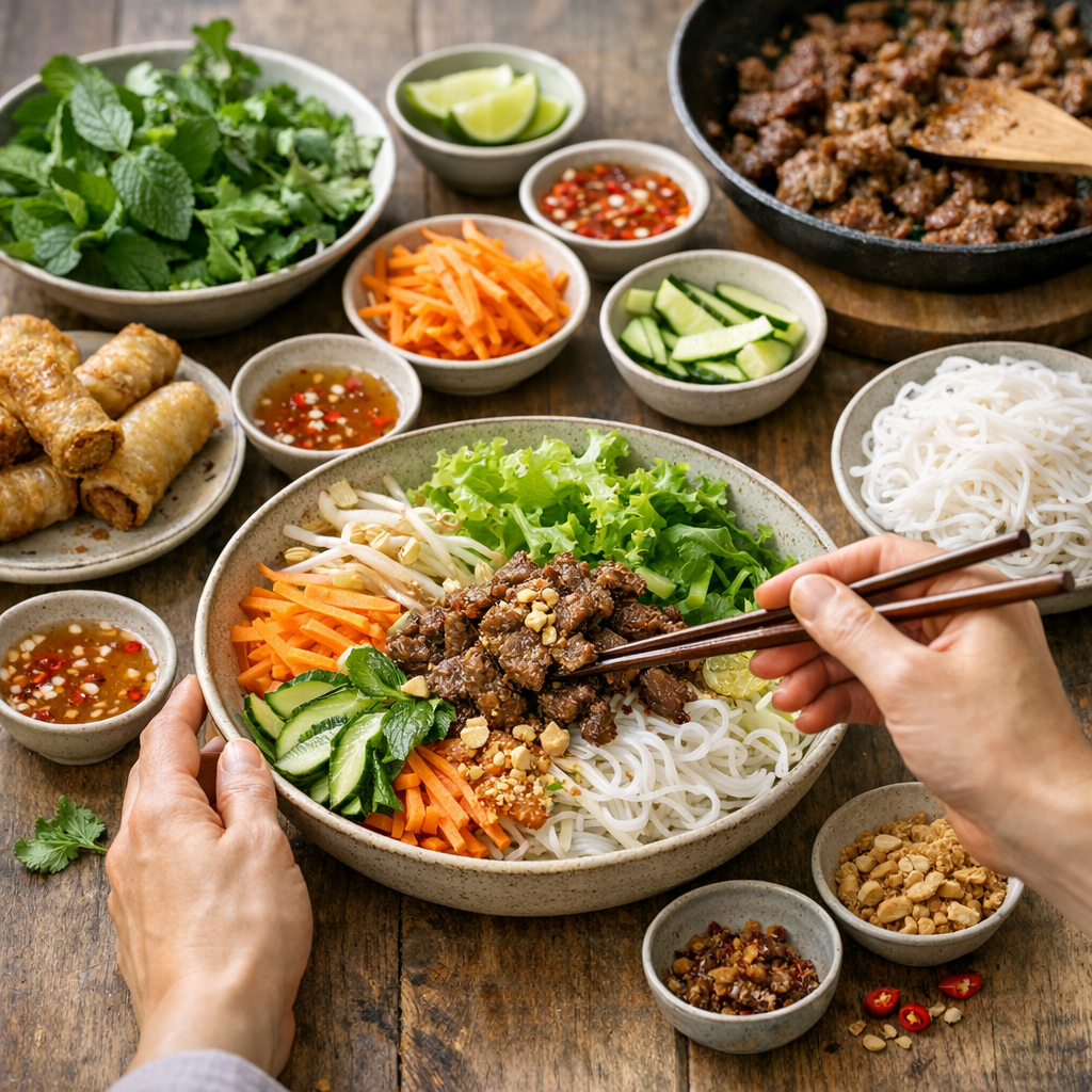 La recette facile du bò bún : ingrédients, ordre de montage et geste juste
